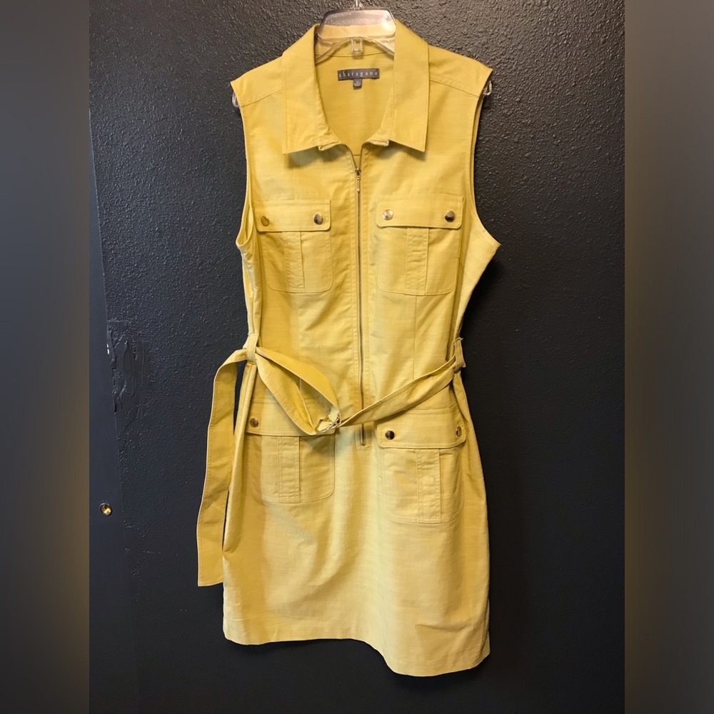 Sleeveless Zip-Front Yellow Utility Dress with Belt